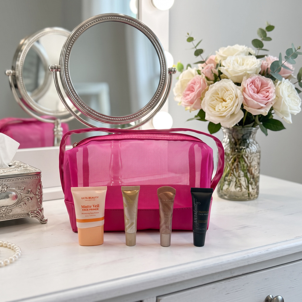 Ulta Beauty Pink Makeup Bag + Face Eye Primer 4 Pc Beauty Gift Set NEW